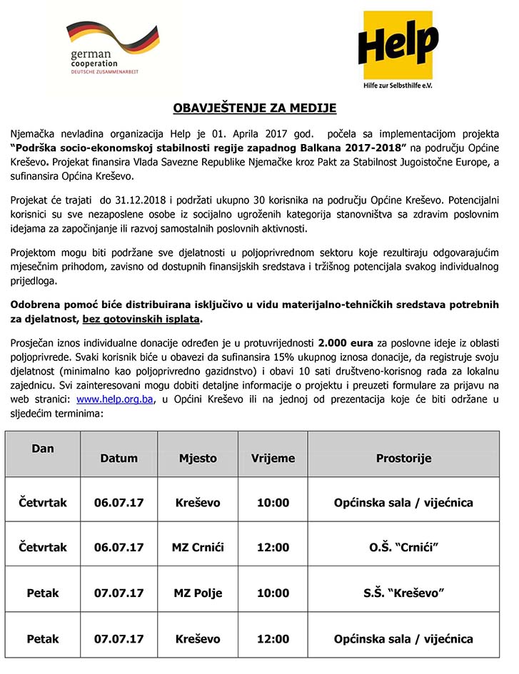 Implementacija projekta "Podrška socio-ekonomskoj stabilnosti regije zapadnog balkana 2017-1018." u našoj općini