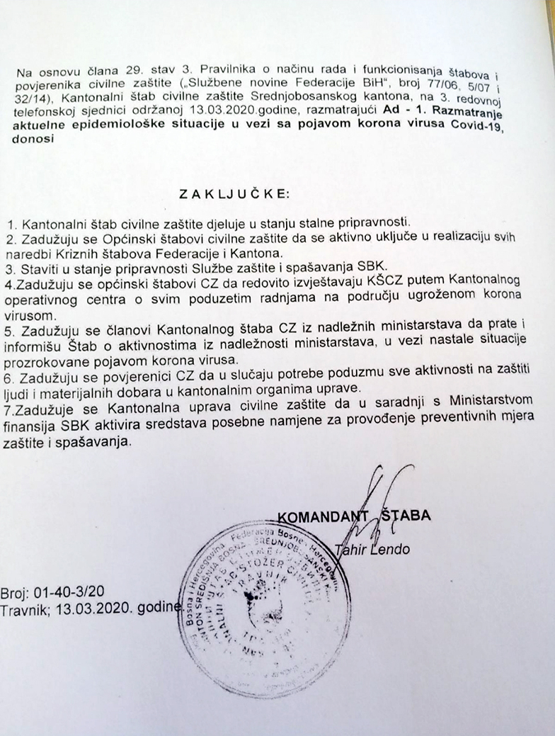 Aktualna epidemiološka situacija: Zaključci Kantonalnog stožera civilne zaštite