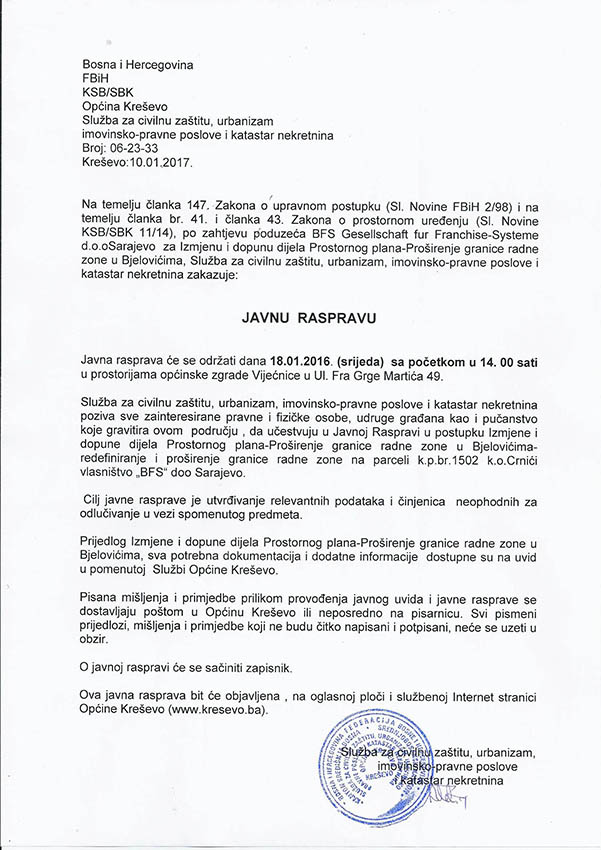 Javna rasprava - izmjena i dopuna Prostornog plana-proširenje granice radne zone u Bjelovićima