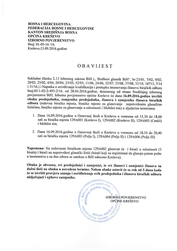 Obavijest o terminima obuke za predsjednika, zamjenike predsjednika, članove i zamjenike članova biračkih odbora 