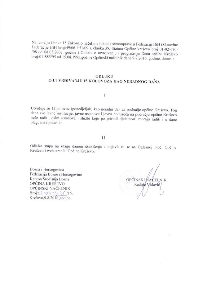 15. kolovoz neradni dan na području općine Kreševo