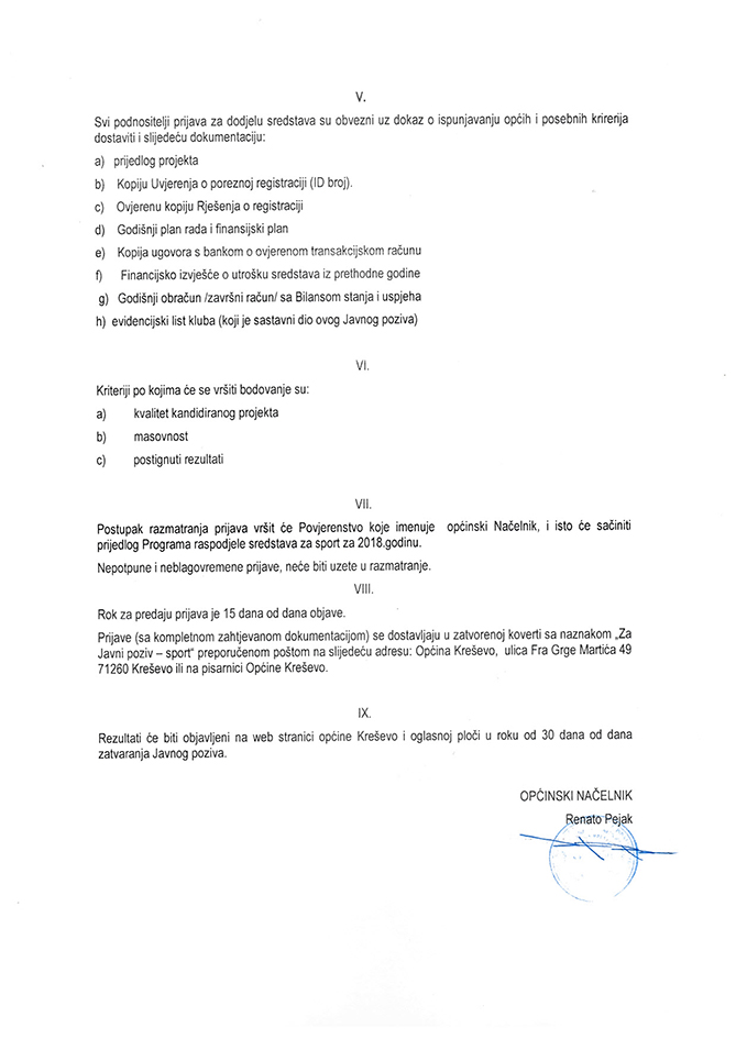Javni poziv sportskim klubovima - sredstva za sport
