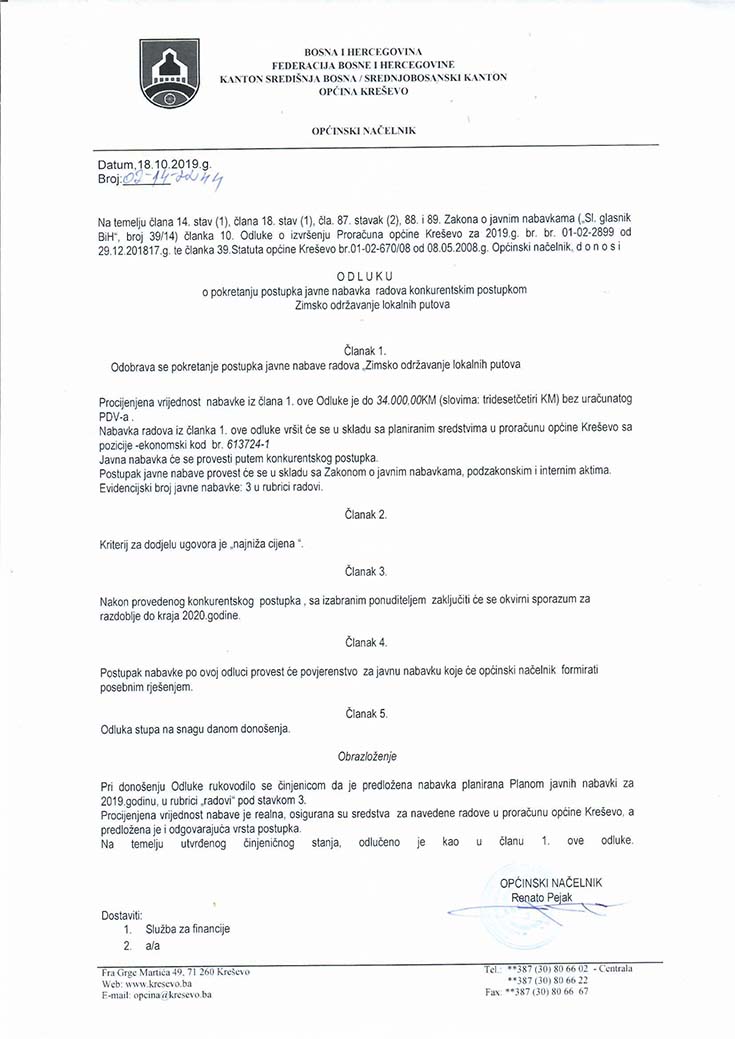 Odluka o pokretanju postupka javne nabave - zimsko održavanje lokalnih putova