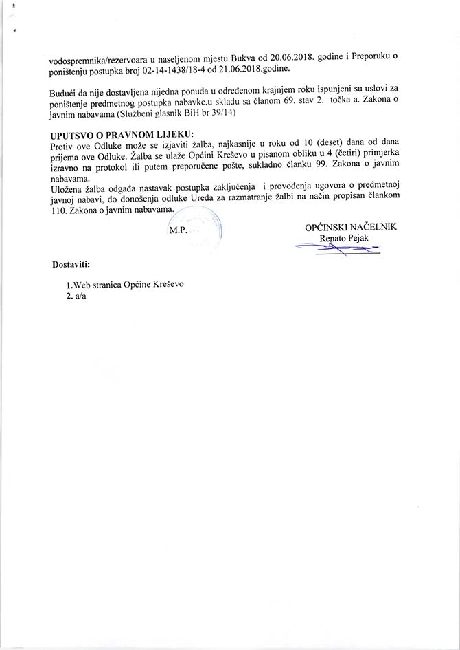 Odluka o poništenju postupka javne nabave radova Izgradnja vodospremnika/rezervoara u naseljenom mjestu Bukva