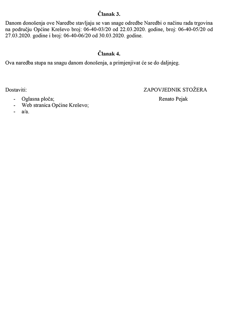 Naredba Općinskog stožera Civilne zaštite o načinu rada trgovina