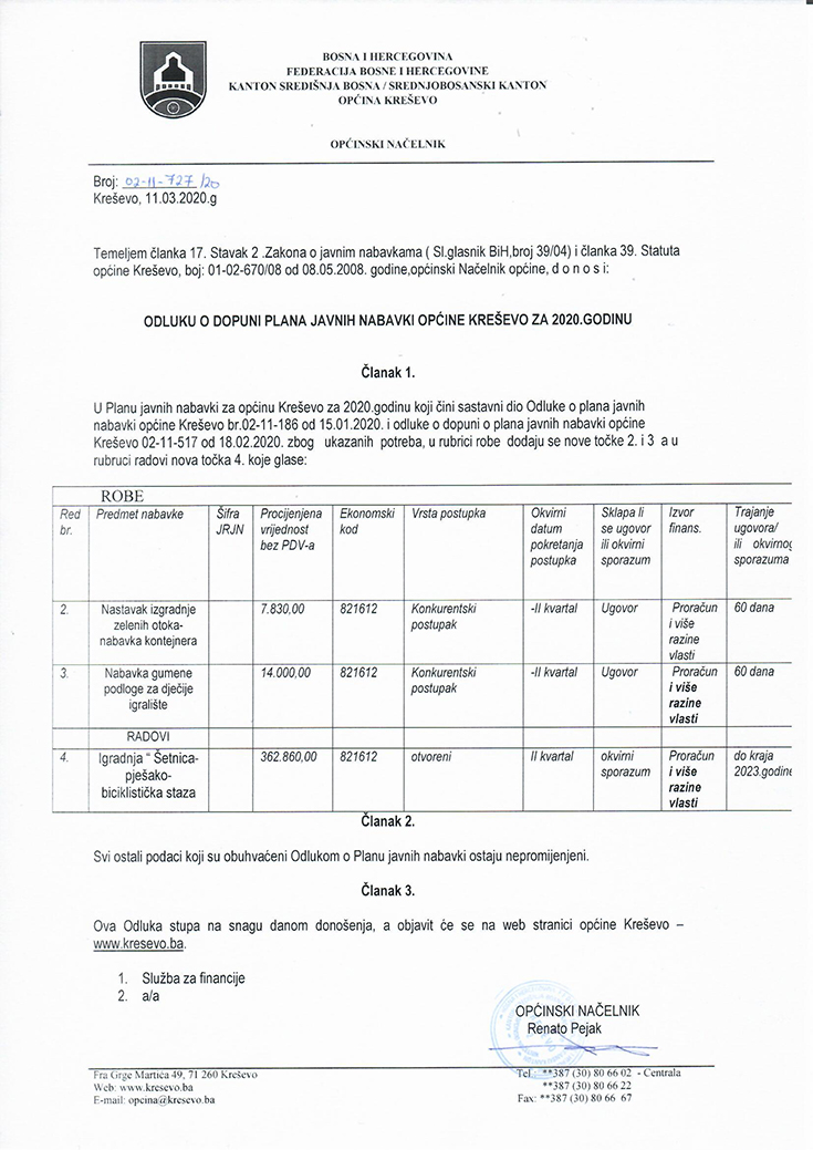 Odluka o dopuni Plana javnih nabavki za 2020. godinu (11.III.)