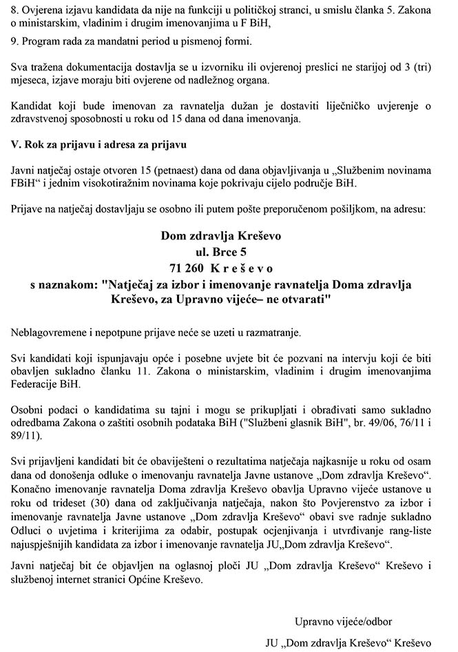 Javni natječaj za izbor i imenovanje ravnatelja Doma zdravlja Kreševo 