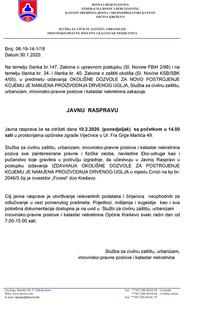Javna rasprava - okolišna dozvola za "Forest" d. o. o. Kreševo