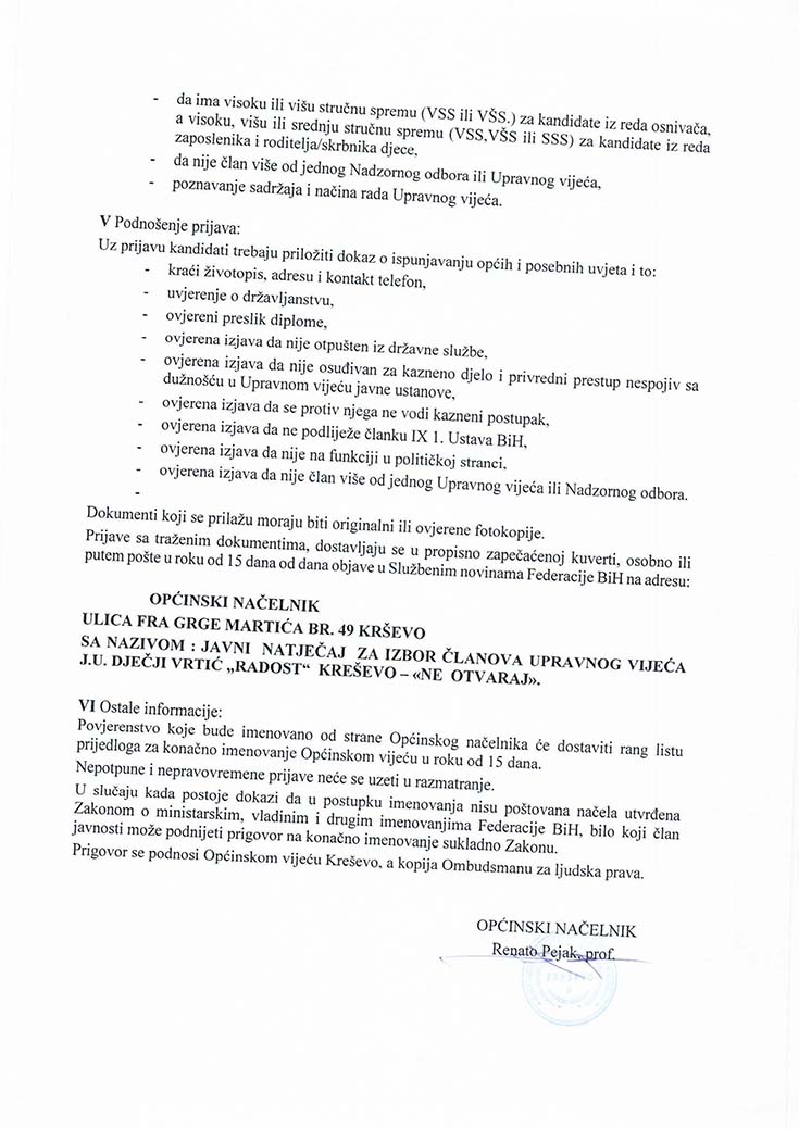 Javni natječaj za izbor Upravnog vijeća Dječjeg vrtića "Radost"