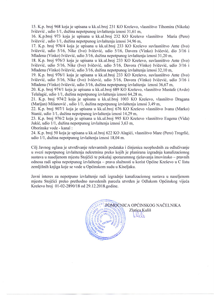 Poziv vlasnicima parcela preko kojih je planirana izgradnja kanalizacijskog sustava u Stojčićima