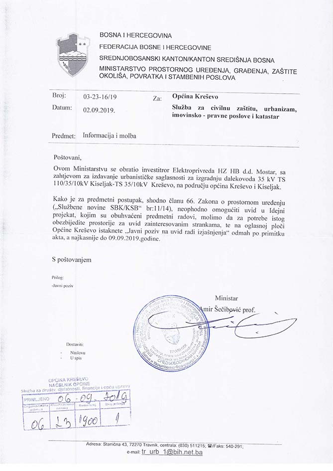 Javni poziv radi izjašnjenja - izdavanje urbanističke suglasnosti za izgradnju dalekovoda 