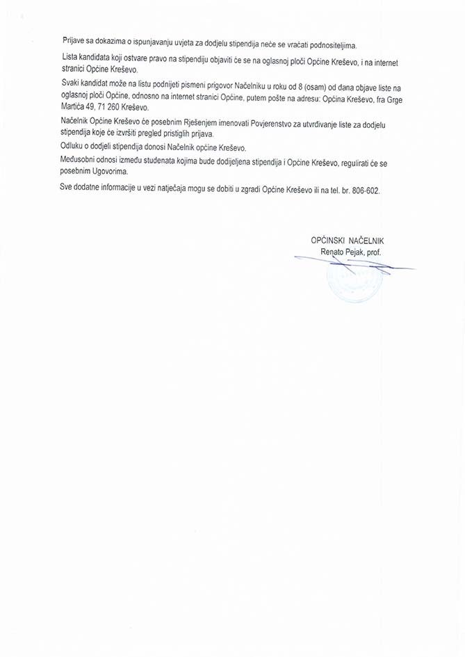 Javni natječaj za dodjelu stipendija studentima za 2019. godinu