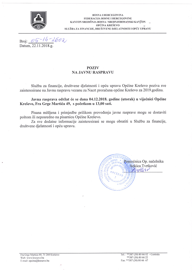 Poziv na javnu raspravu o Nacrtu Proračuna Općine Kreševo za 2019. godinu