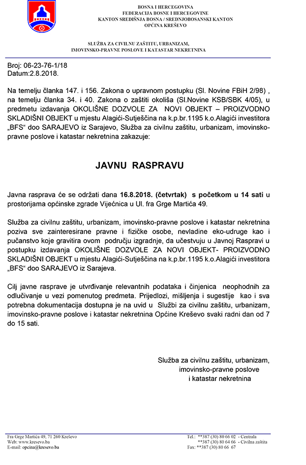Poziv na javnu raspravu - okolišna dozvola za proizvodno-skladišni objekt poduzeća "BFS"