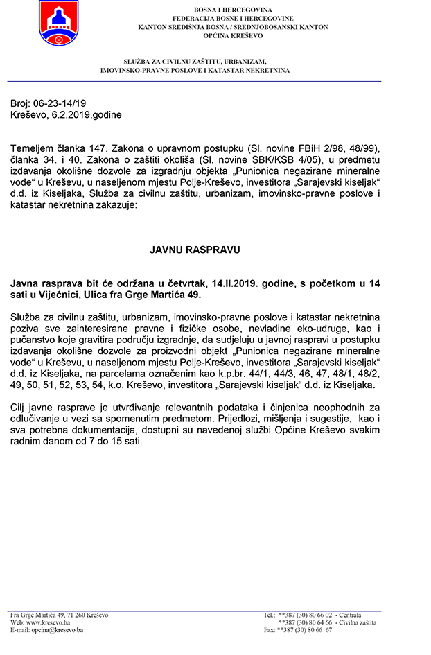 Javna rasprava - "Sarajevski kiseljak" d.d., izgradnja punionice negazirane mineralne vode
