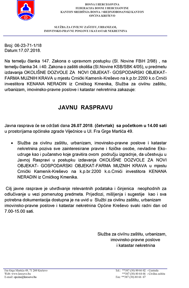 Najava: javna rasprava, okolišna dozvola za farmu muznih krava u Crnićkom Kameniku