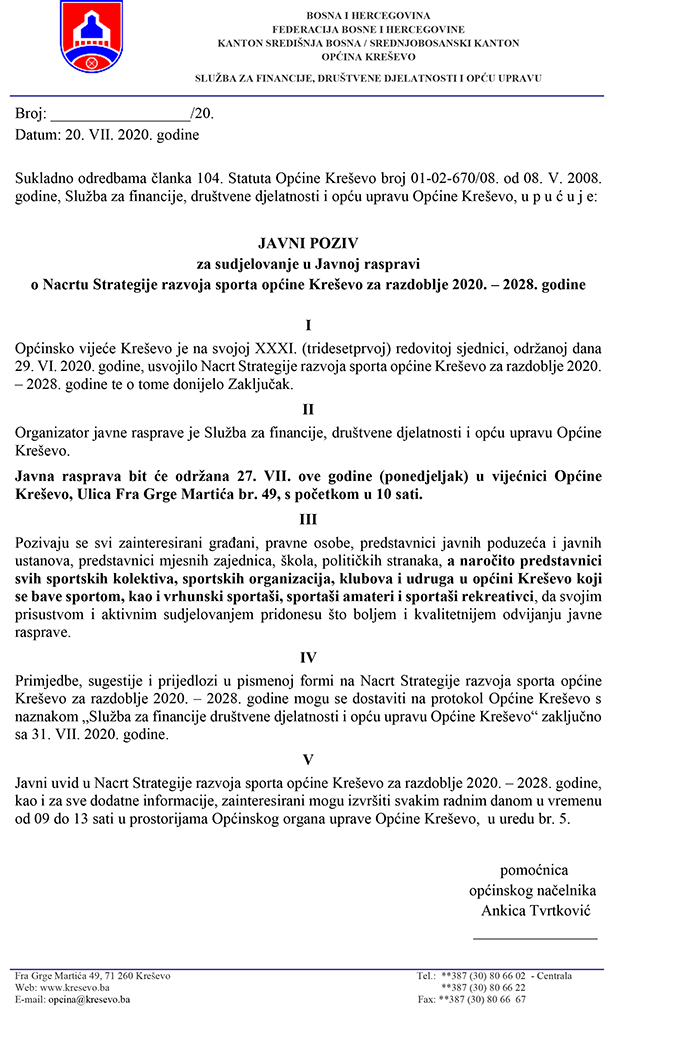 Javni poziv za sudjelovanje u javnoj raspravi o Nacrtu Strategije razvoja sporta na području općine Kreševo za razdoblje 2020.-2028.