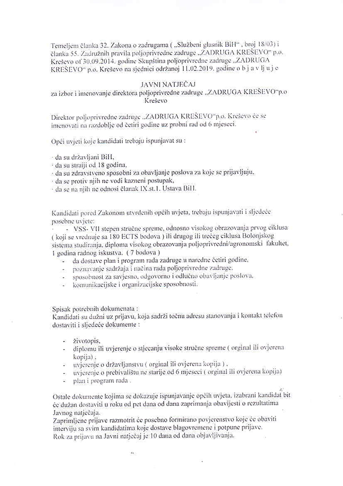 Javni natječaj - izbor direktora Poljoprivredne zadruge "Zadruga Kreševo"