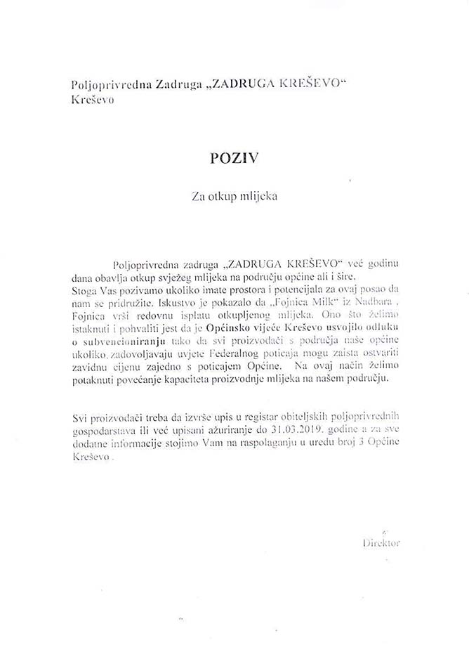 Otkup mlijeka - poziv