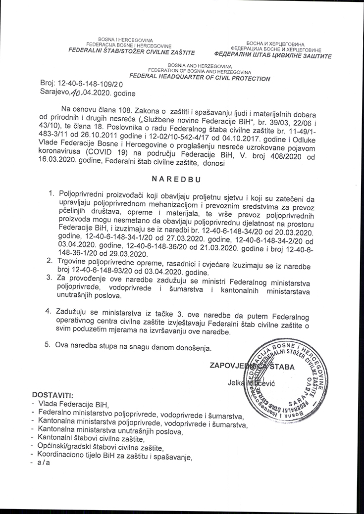 Naredba Federalnog stožera Civilne zaštite -  izuzimanje poljoprivrednih proizvođača te trgovina poljoprivrednom opremom, rasadnika i cvjećara od prethodnih naredbi