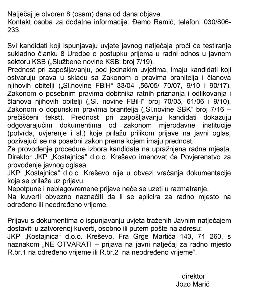 JKP "Kostajnica" - javni natječaj za prijem radnika