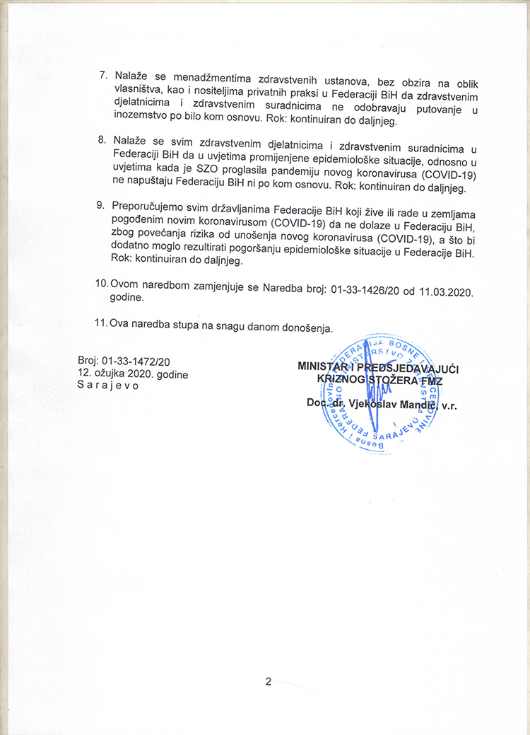 Naredba Federalnog ministarstva zdravstva - sprječavanje i rano otkrivanje coronavirusa