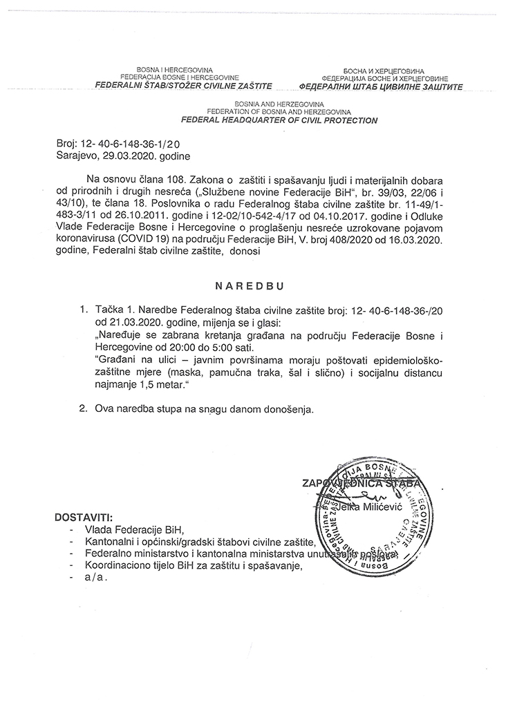 Federalni stožer Civilne zaštite: Naredba o zabrani kretanja od 20 do 5 sati