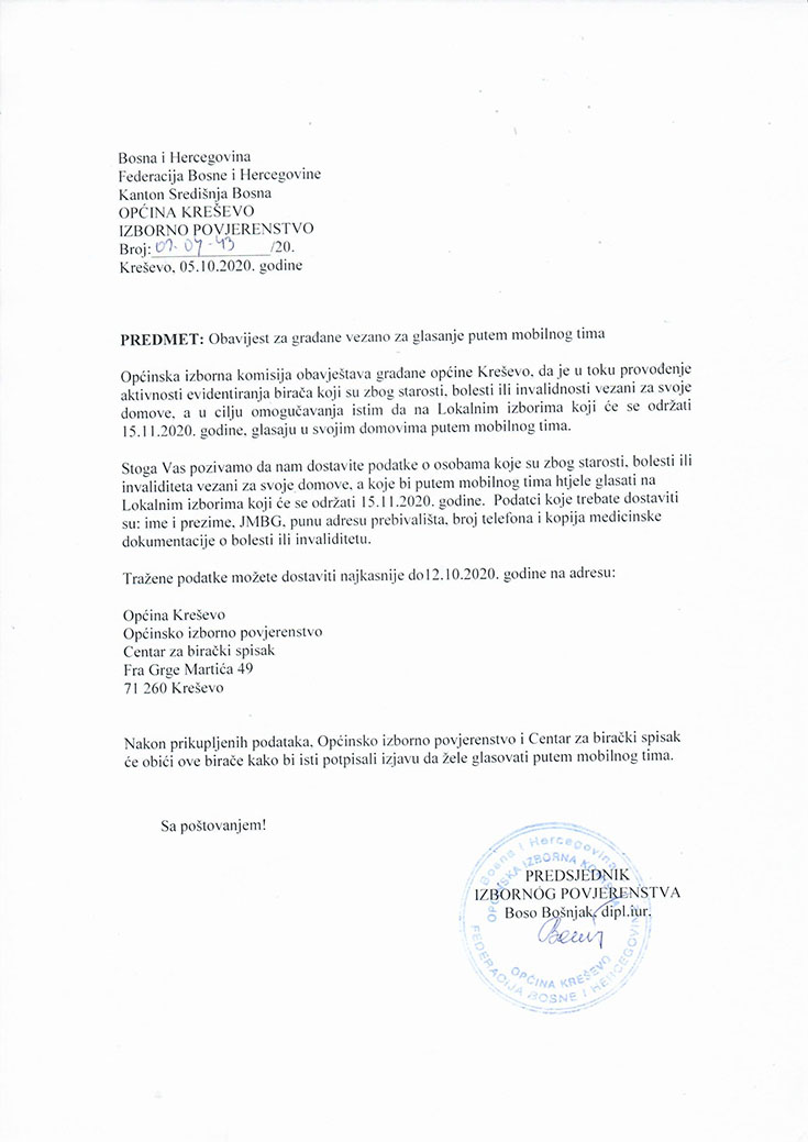Obavijest o glasovanju posredstvom mobilnog tima