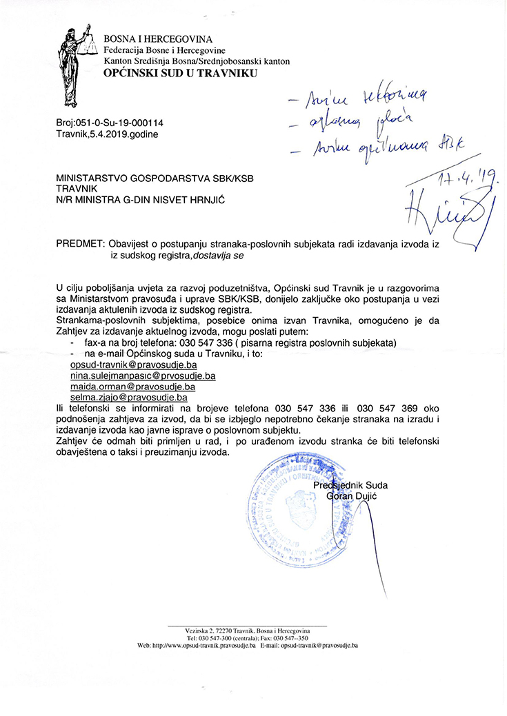 Obavijest o postupanju stranaka - poslovnih subjekata radi izdavanja izvoda iz sudskog registra