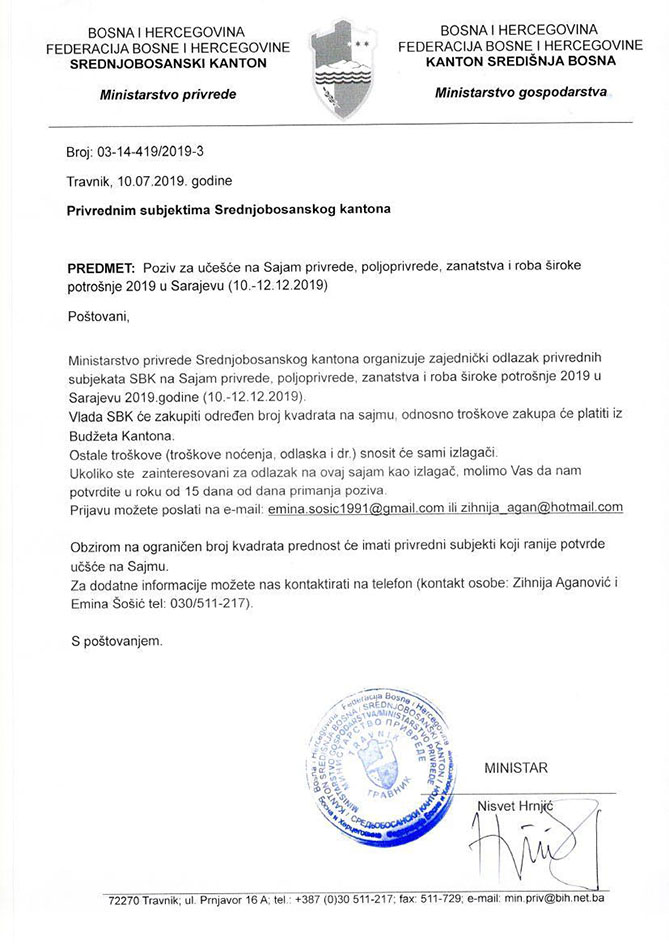 Poziv za sudjelovanje na Sajmu privrede, poljoprivrede, zanatstva i roba široke potrošnje u Sarajevu