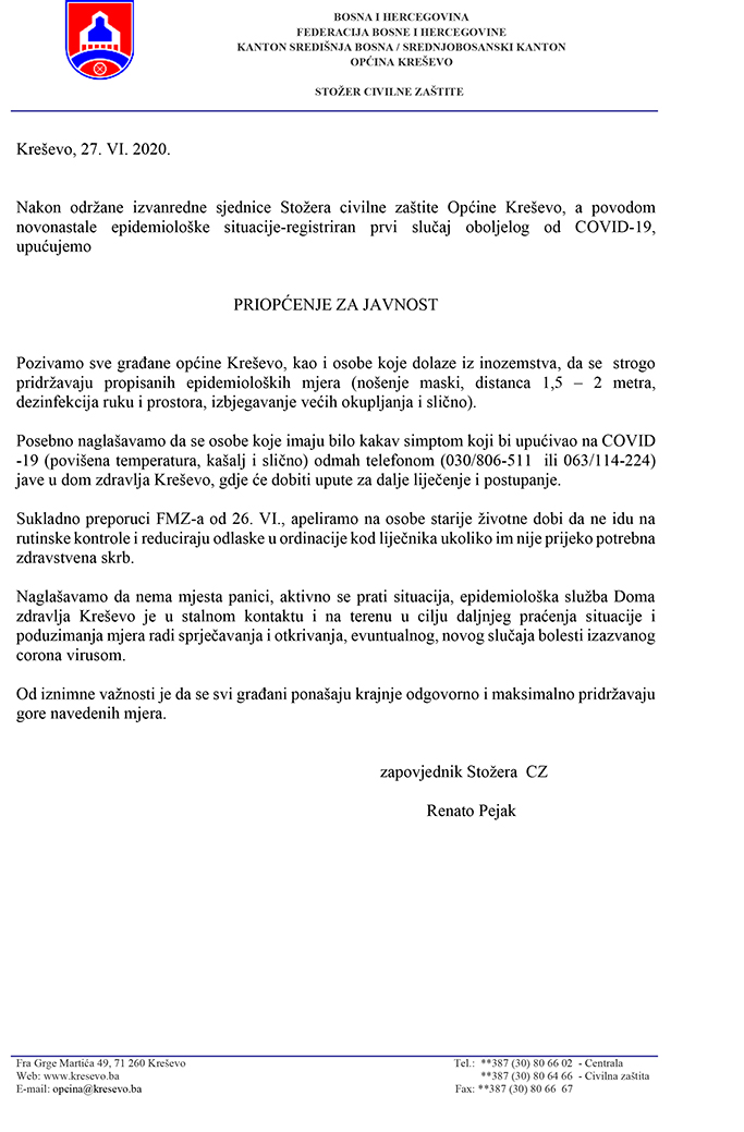 Općinski stožer Civilne zaštite - priopćenje za javnost 27. VI. 
