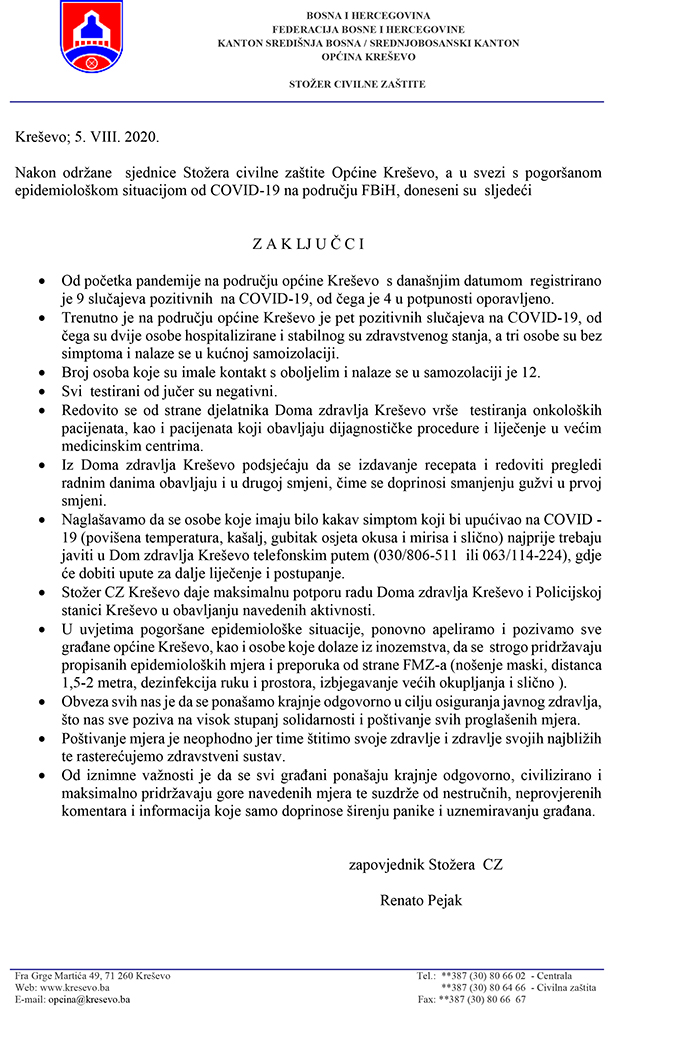 Općinski stožer Civilne zaštite - priopćenje za javnost 5. VIII.