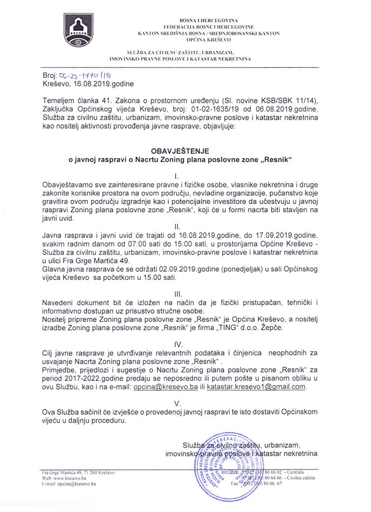 Javna rasprava: Nacrt Zoning plana poslovne zone "Resnik"