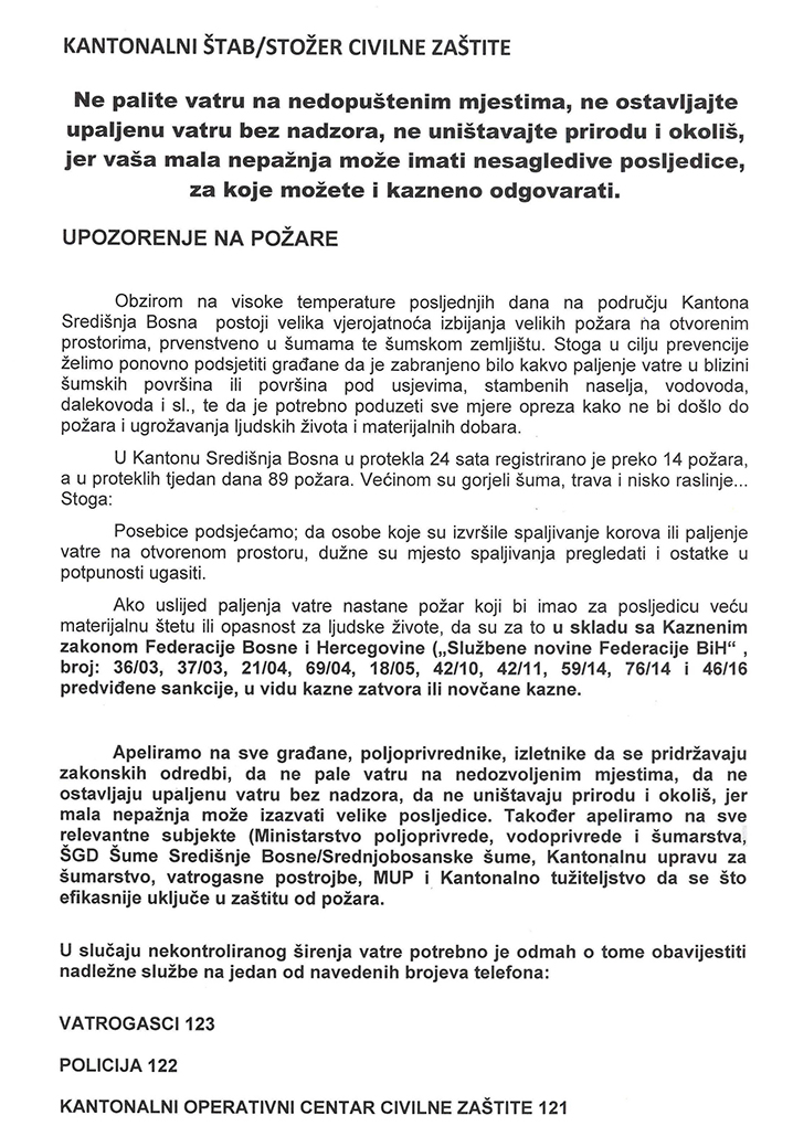 Županijski stožer Civilne zaštite: Opasnost od požara, upozorenje