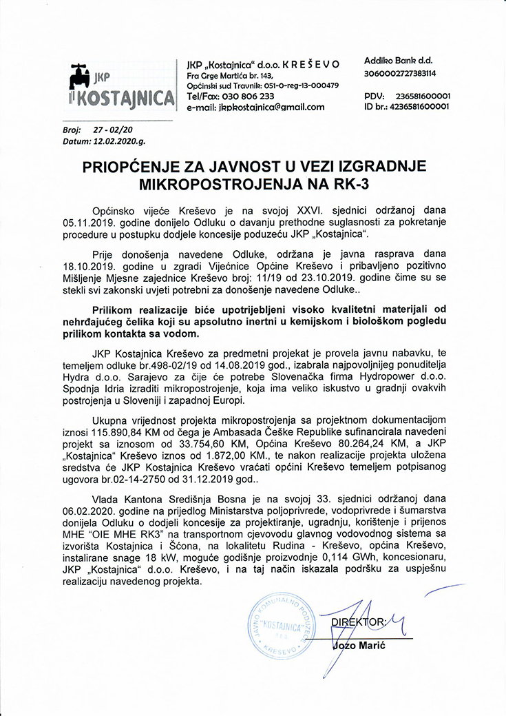 Priopćenje za javnost JKP "Kostajnica" - izgradnja mikropostrojenja na RK-3