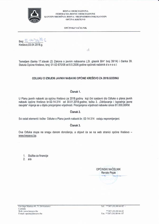 Odluka o dopunama Plana javnih nabavki Općine Kreševo za 2018. godinu