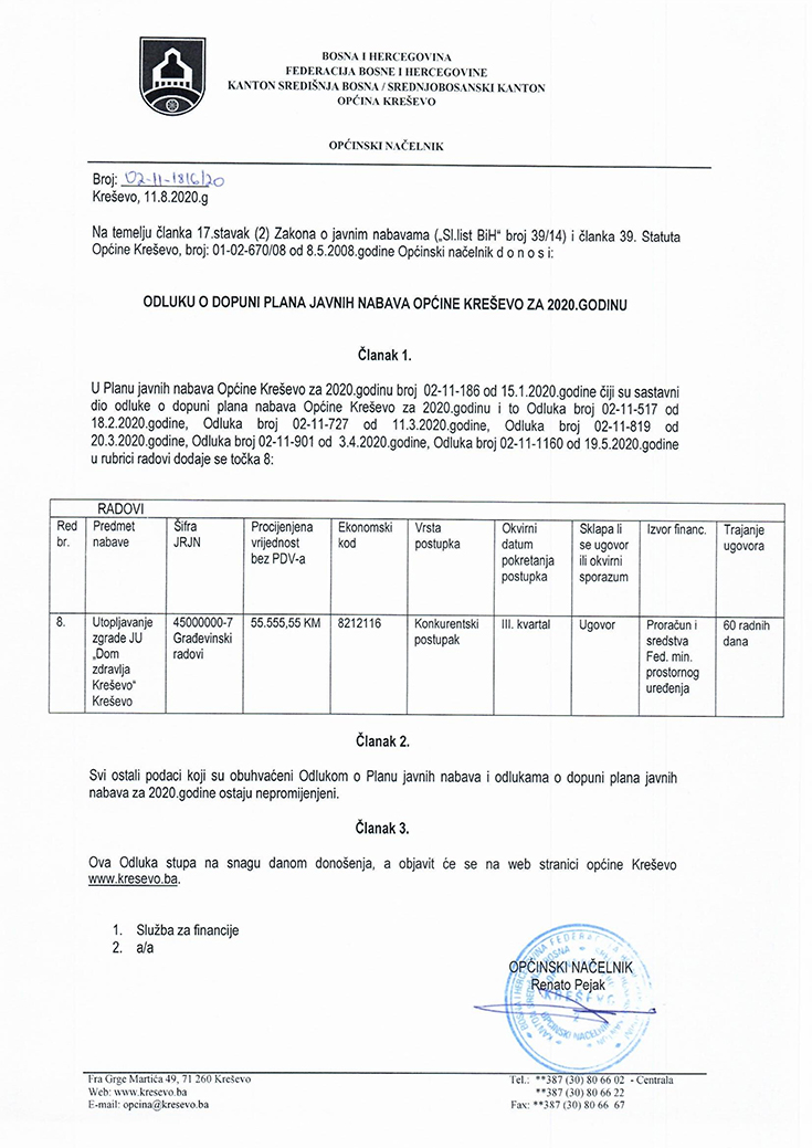 Odluka o dopuni Plana javnih nabavki (11. VIII.)