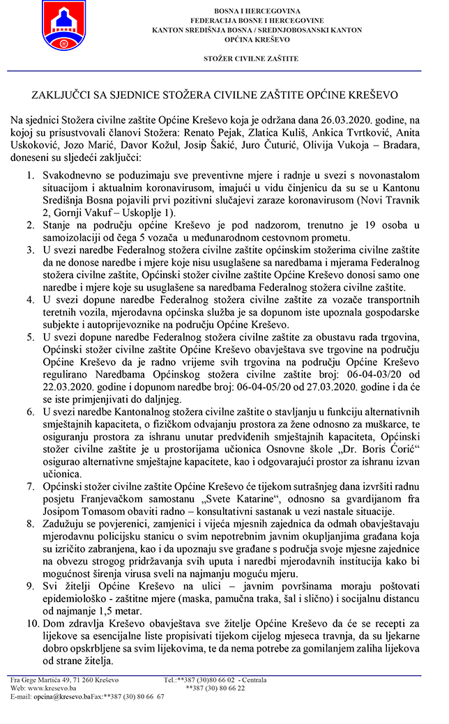 Zaključci Općinskog stožera CZ 30.III 1