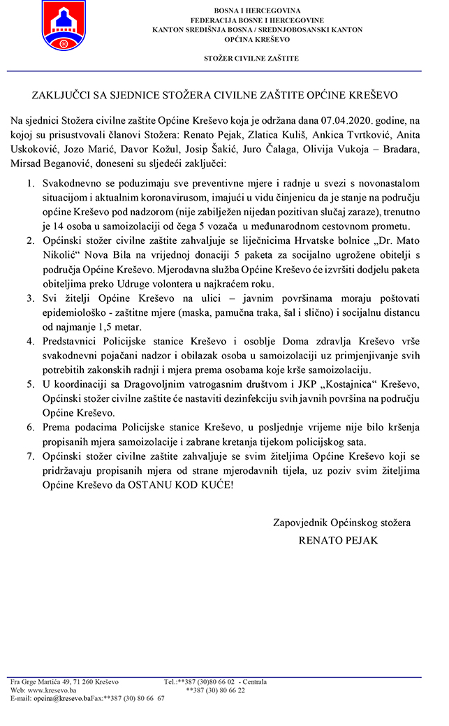 Zaključci sa sjednice Općinskog stožera Civilne zaštite (7. IV.)