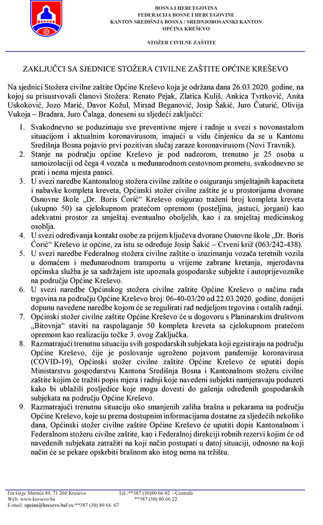 Zaključci Stožera CZ 26.3. 1