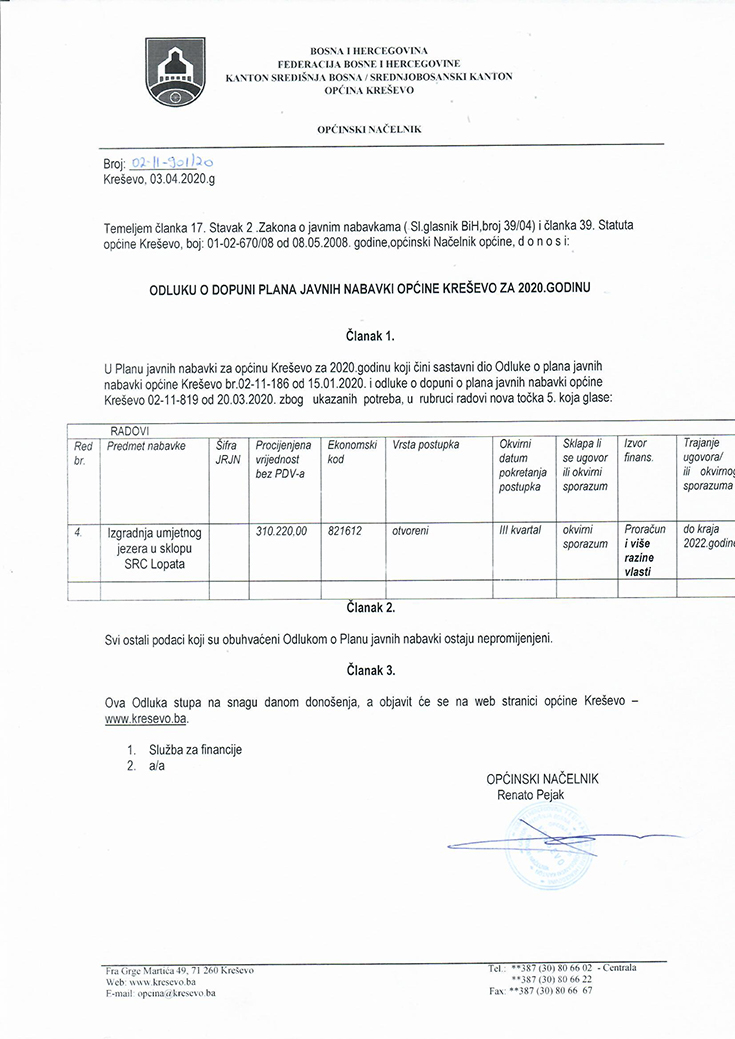 Odluka o dopuni Plana javnih nabavki (8. V.)