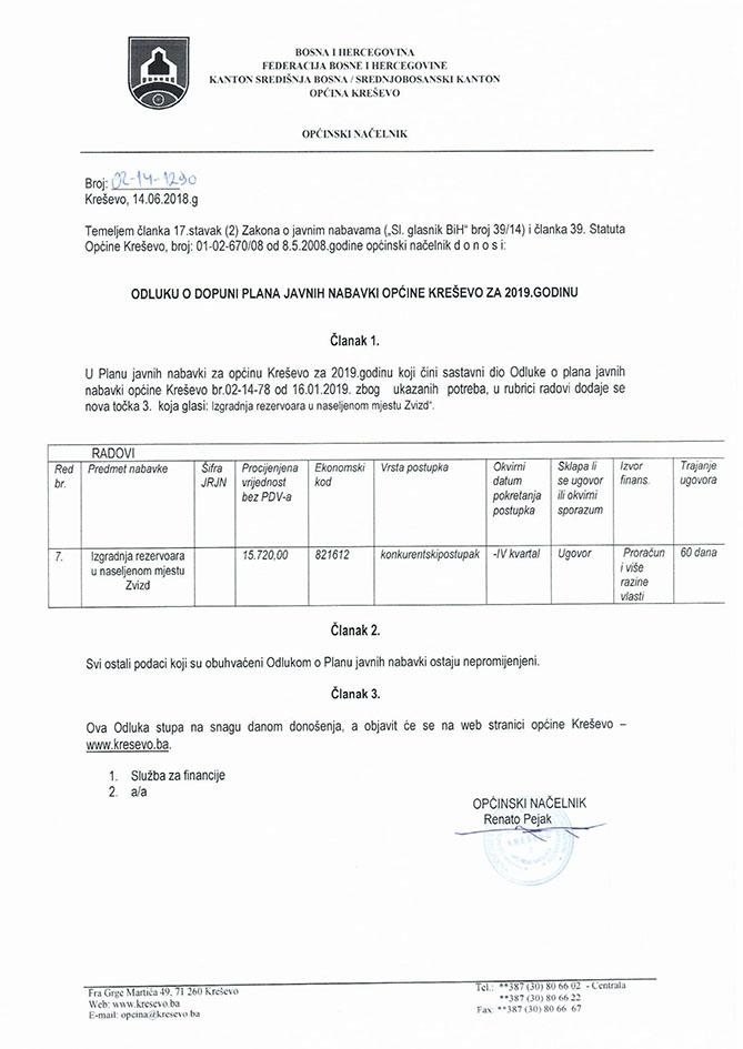Plan javnih nabavki Općine Kreševo za 2019. godinu - dopuna