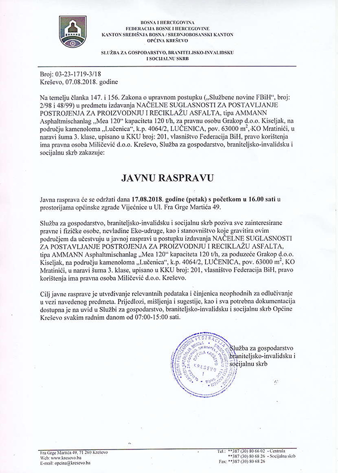 Javna rasprava - izdavanje načelne suglasnosti za postavljanje postrojenja za proizvodnju i reciklažu asfalta