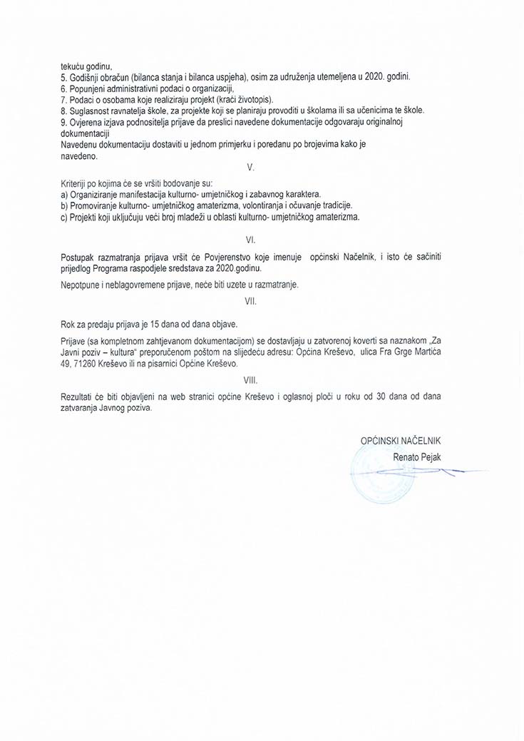 Javni poziv za dodjelu sredstava za kulturu iz proračuna Općine Kreševo za 2020. godinu