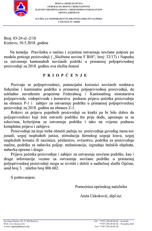 Služba za gospodarstvo, braniteljsko-invalidsku i socijalu skrb - Priopćenje