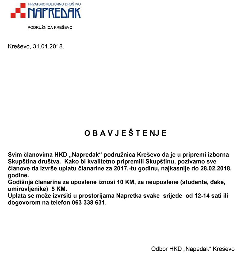 HKD "Napredak, Podružnica Kreševo - poziv za plaćanje članarine