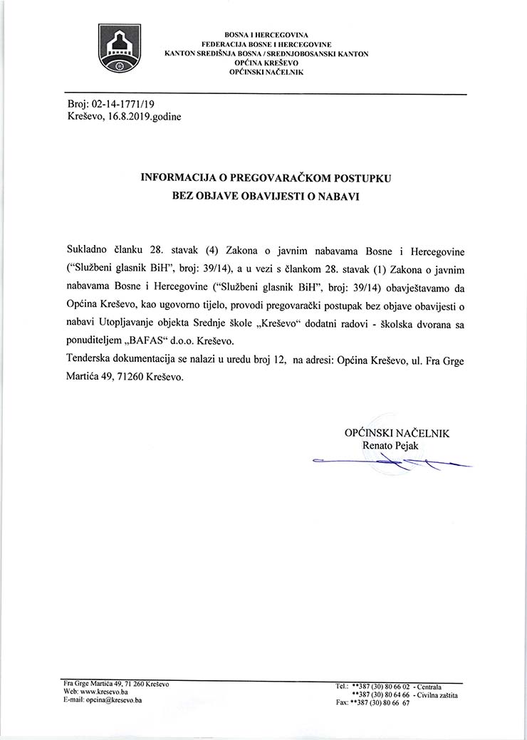 Informacija o pregovaračkom postupku bez objave obavijesti o nabavi