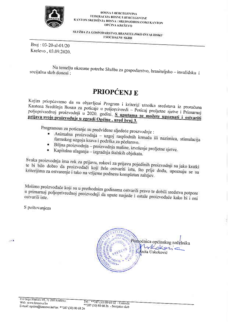 Objavljen Program i kriteriji utroška sredstava iz proračuna Kantona Središnja Bosna za poticaje u poljoprivredi