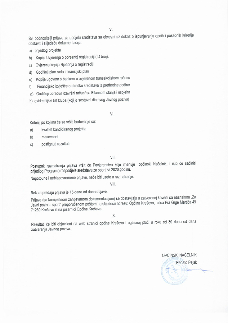 Javni poziv za dostavljanje prijava za dodjelu sredstava za sport iz proračuna Općine Kreševo za 2020. godinu