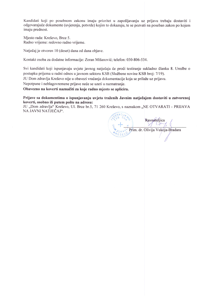 Dom zdravlja Kreševo - Javni natječaj za prijem u radni odnos doktora medicine